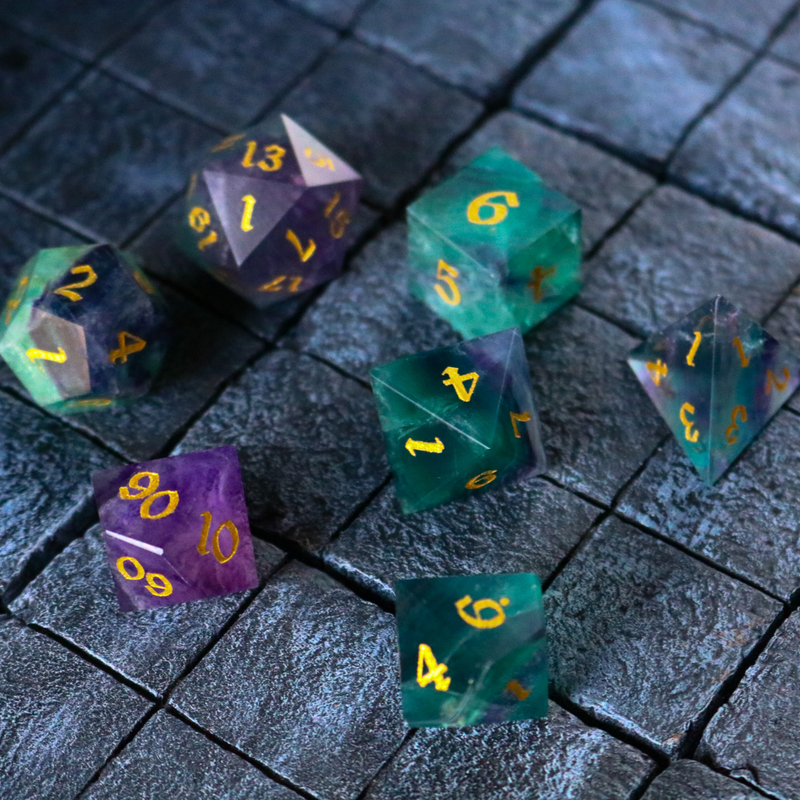 Gemstone Rainbow Fluorite Hand Carved DND Dice Set