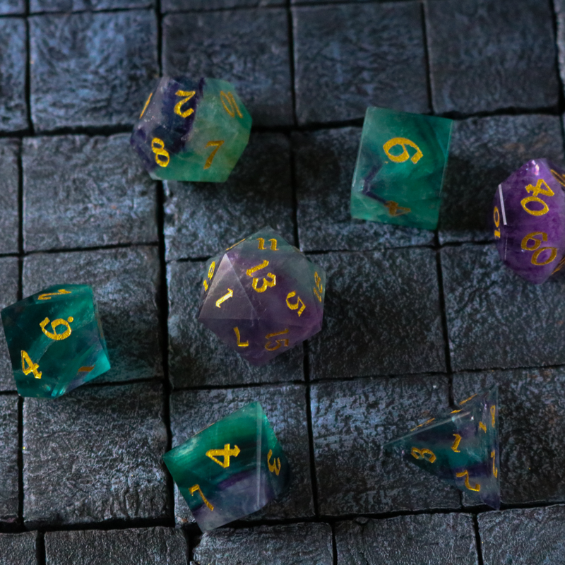Gemstone Rainbow Fluorite Hand Carved DND Dice Set
