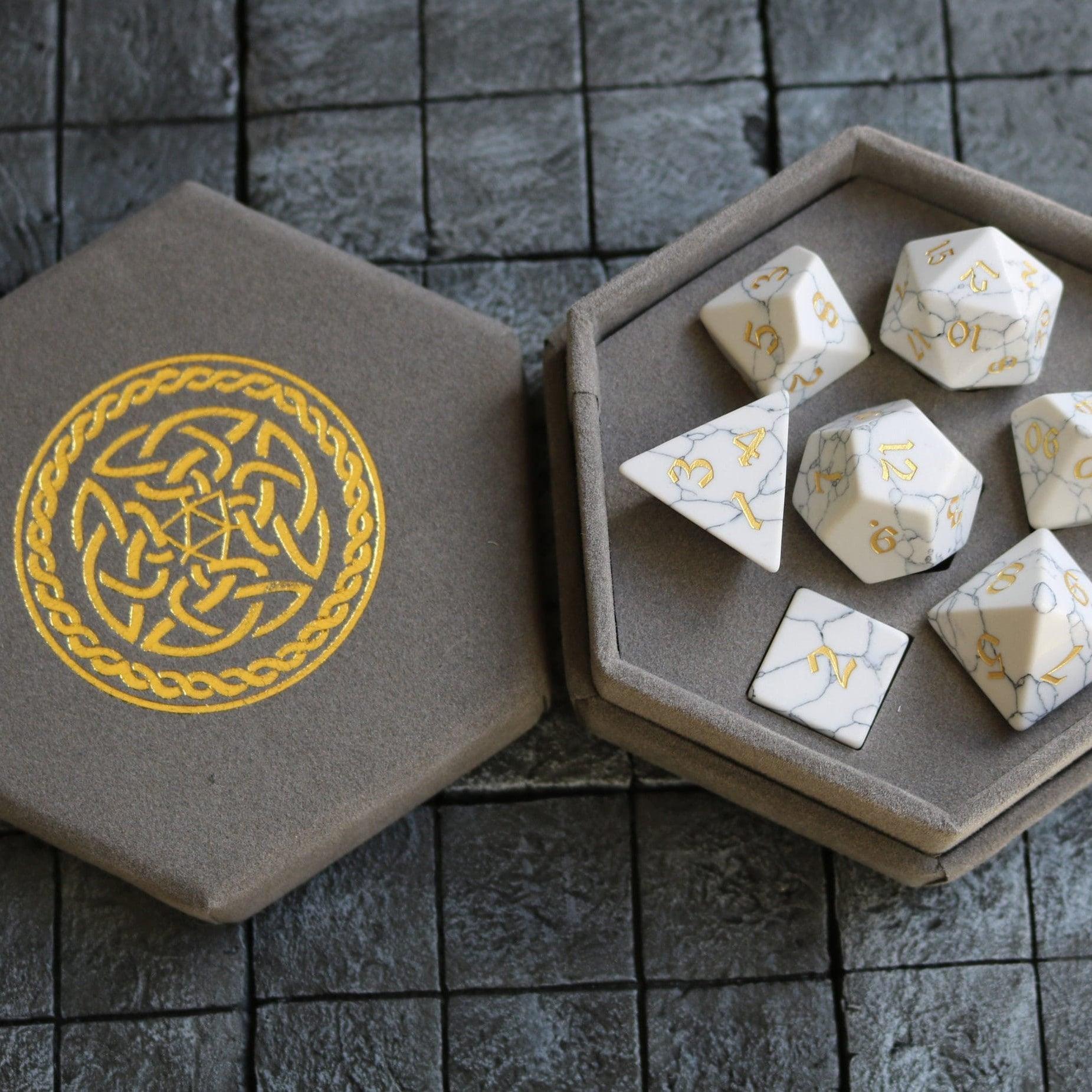 Gemstone Synthetic Magnesite Hand Carved (And Box) DND Dice Set