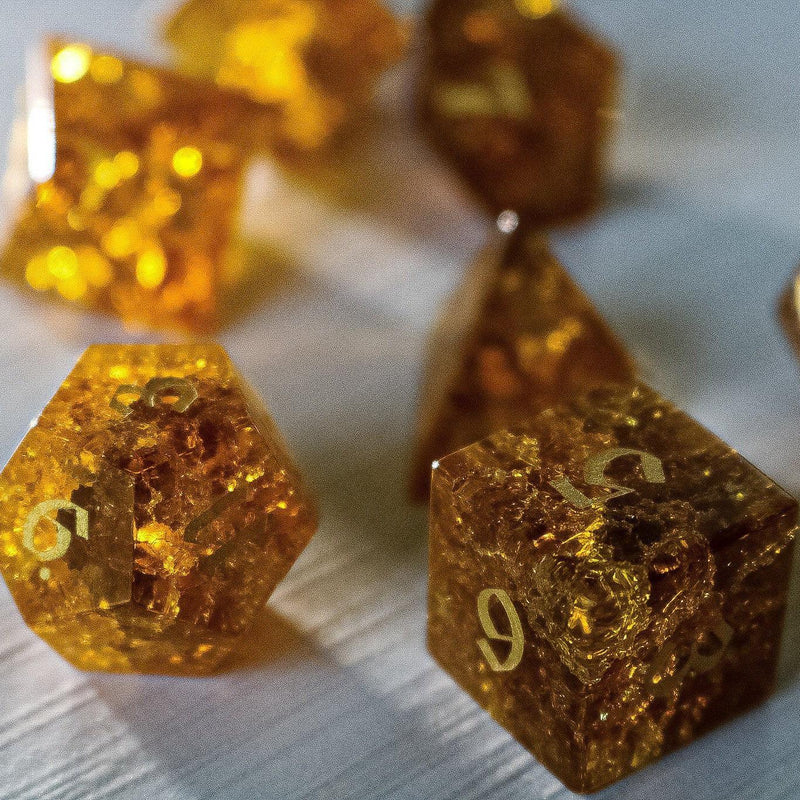 Gold Honey Lightning Cracked Glass DND Dice Set