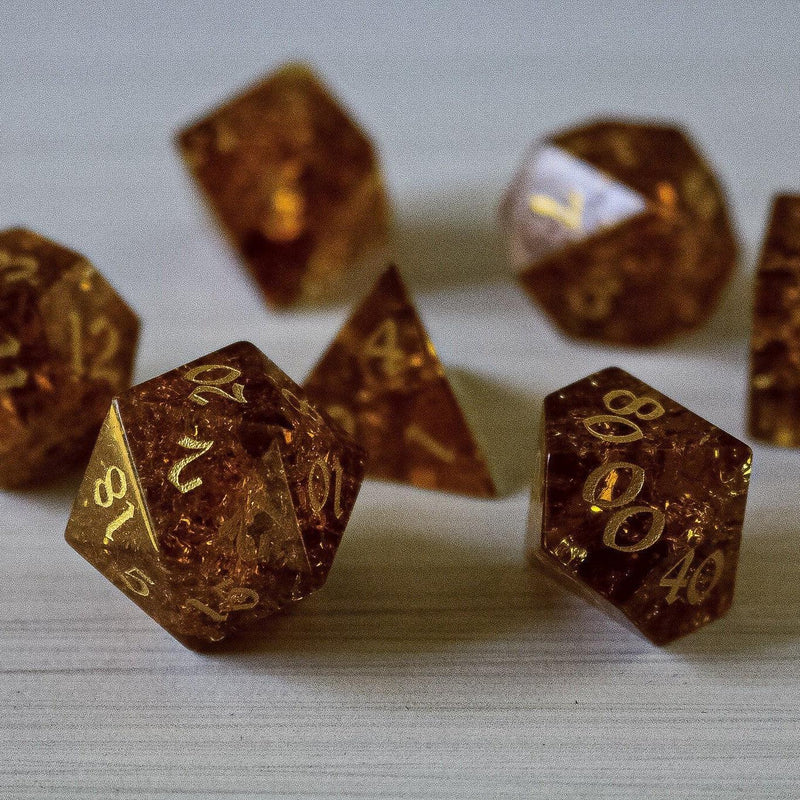 Gold Honey Lightning Cracked Glass DND Dice Set