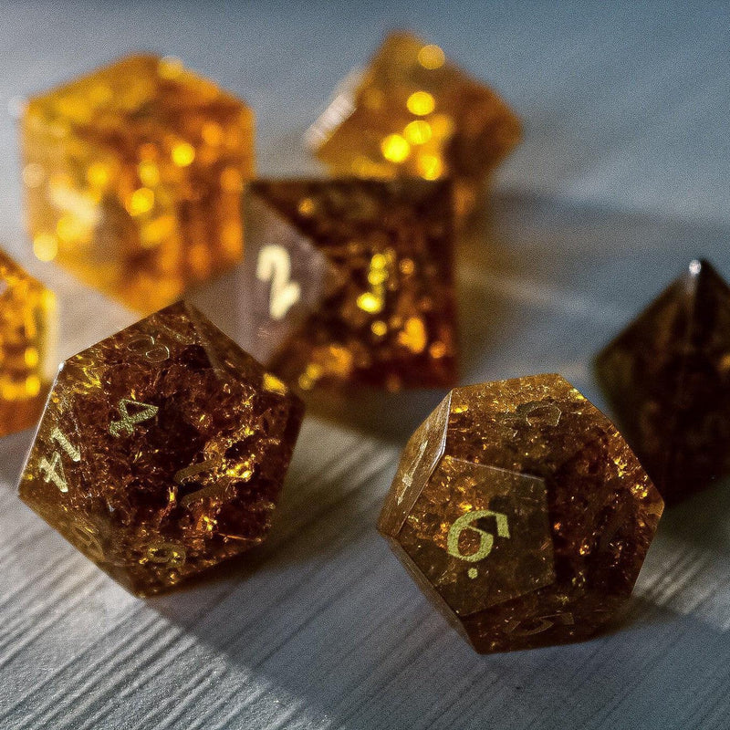 Gold Honey Lightning Cracked Glass DND Dice Set