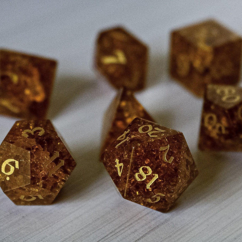Gold Honey Lightning Cracked Glass DND Dice Set