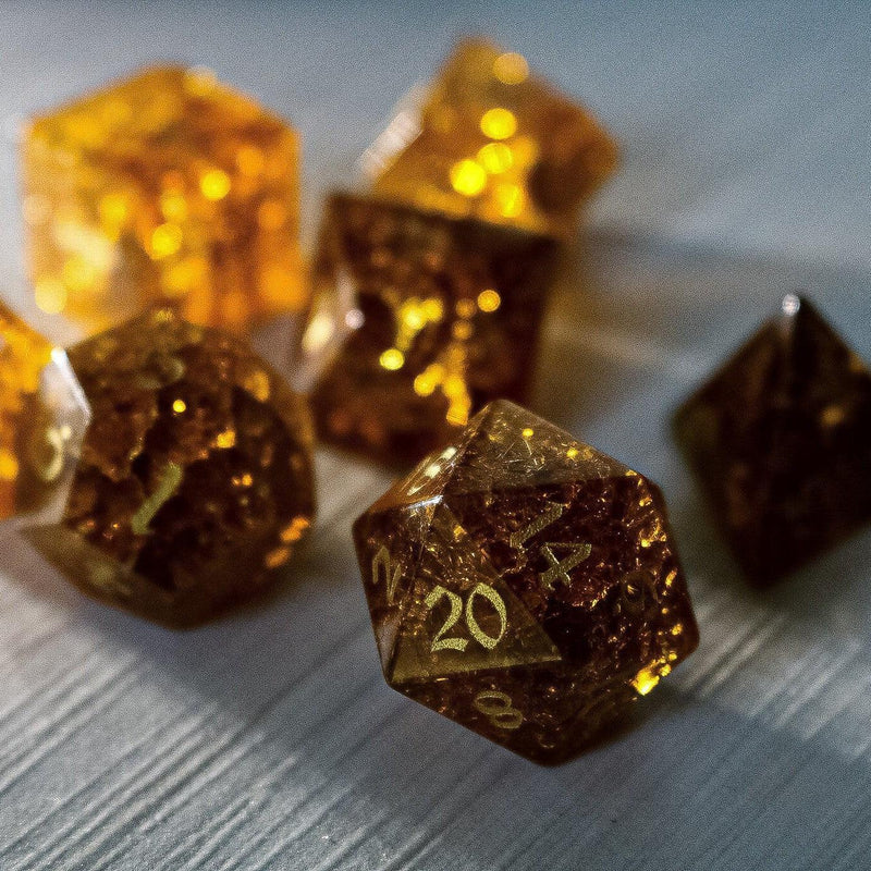 Gold Honey Lightning Cracked Glass DND Dice Set
