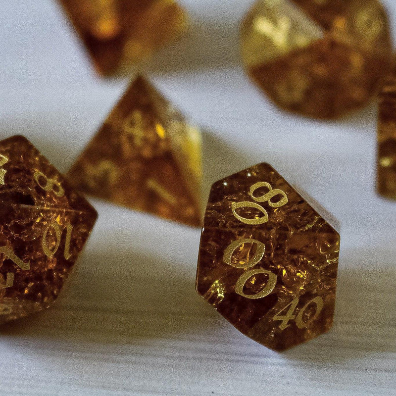 Gold Honey Lightning Cracked Glass DND Dice Set