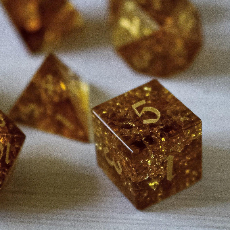 Gold Honey Lightning Cracked Glass DND Dice Set