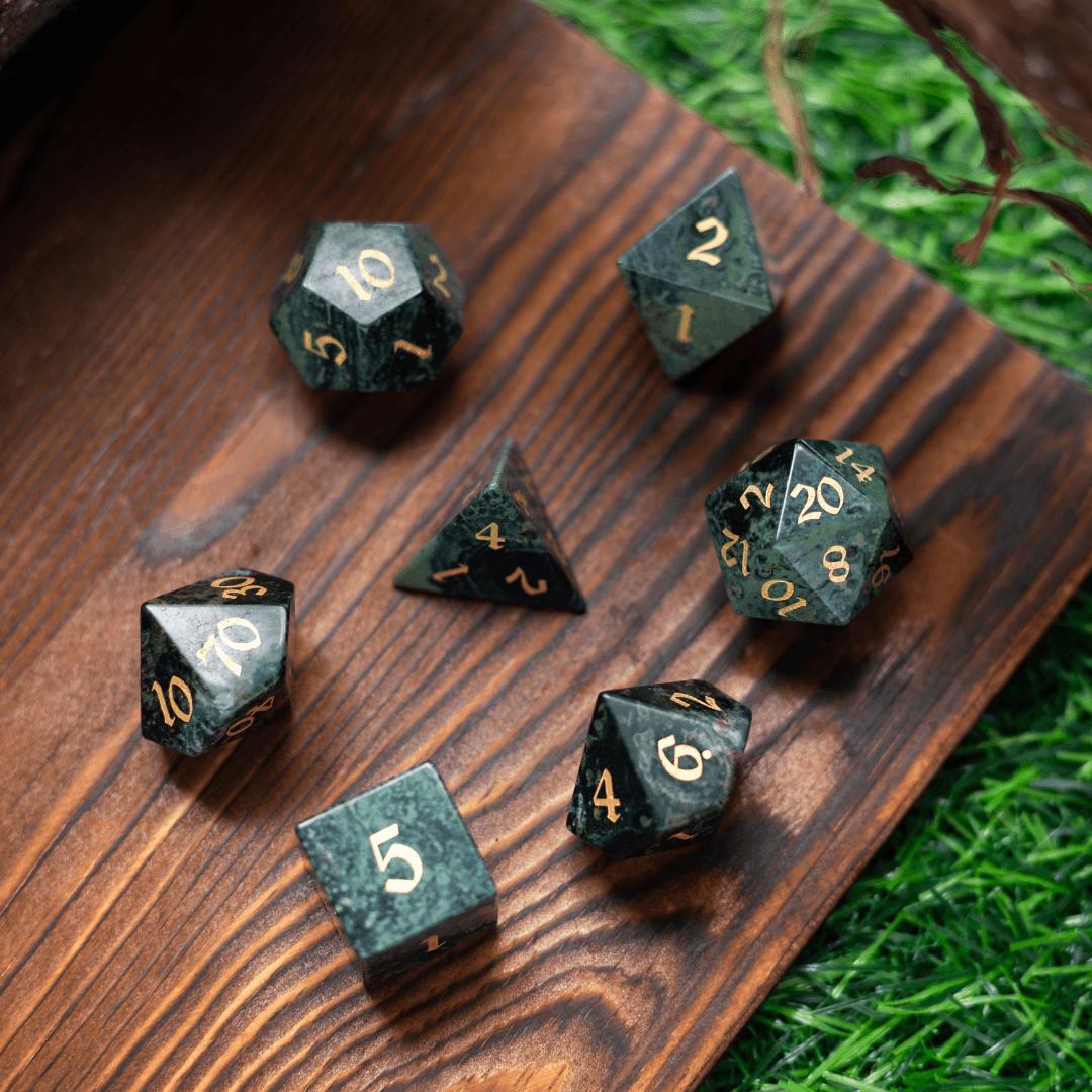 Green Eyed Hand Carved Gemstone DND Dice Set