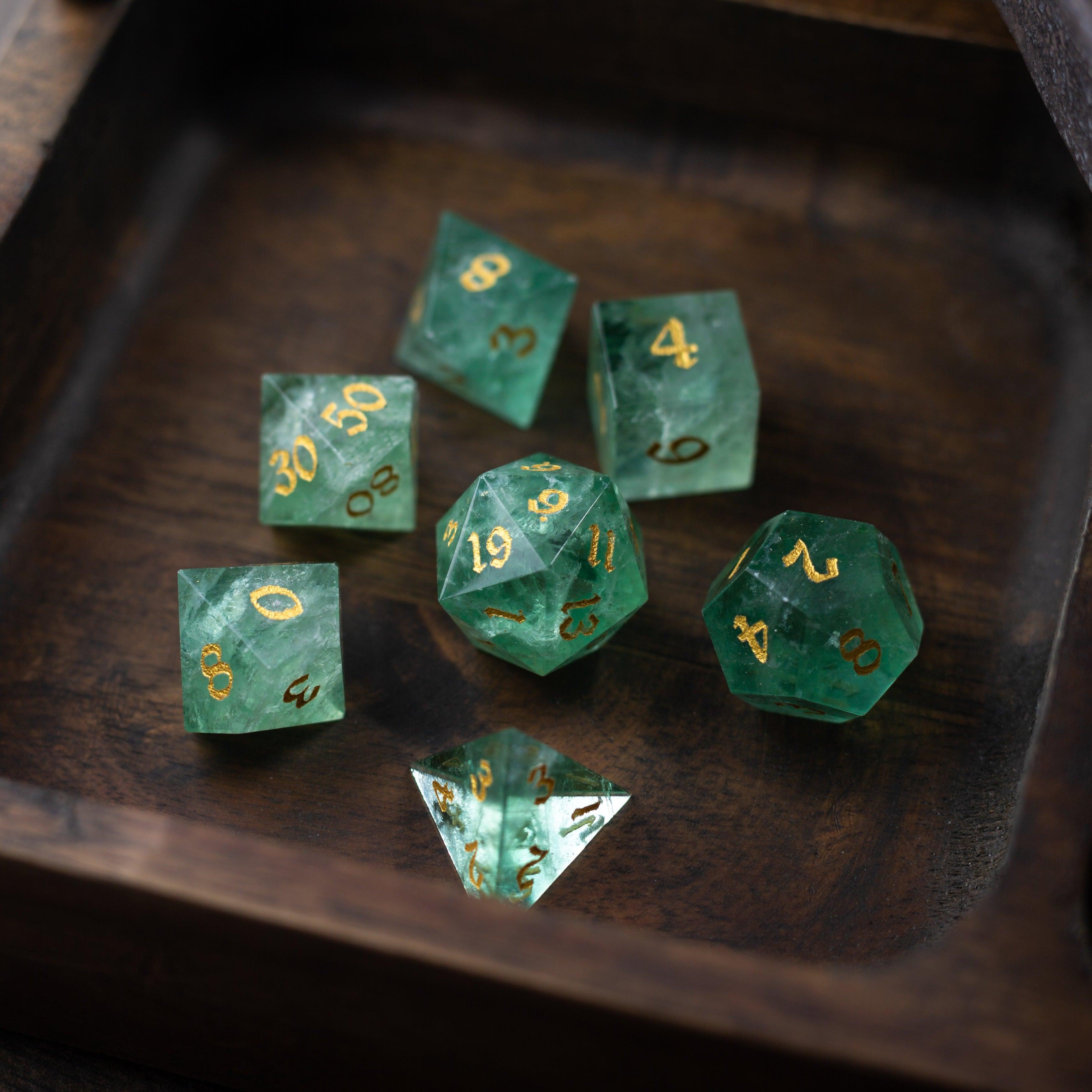 Hand Carved Green Fluorite Gemstone DND Dice Set | Coolest DND Dice