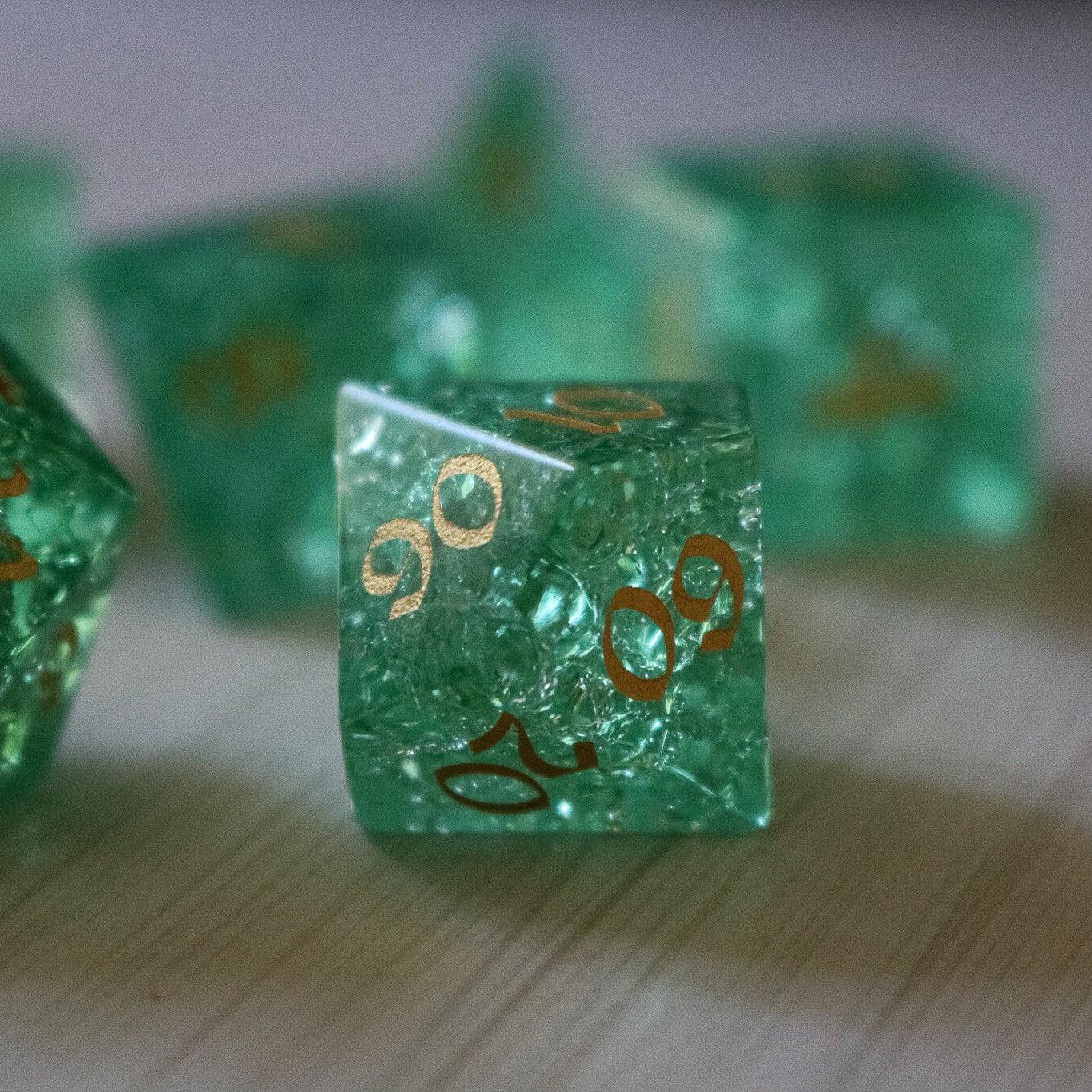 Green Lightning Cracked Glass DND Dice Set