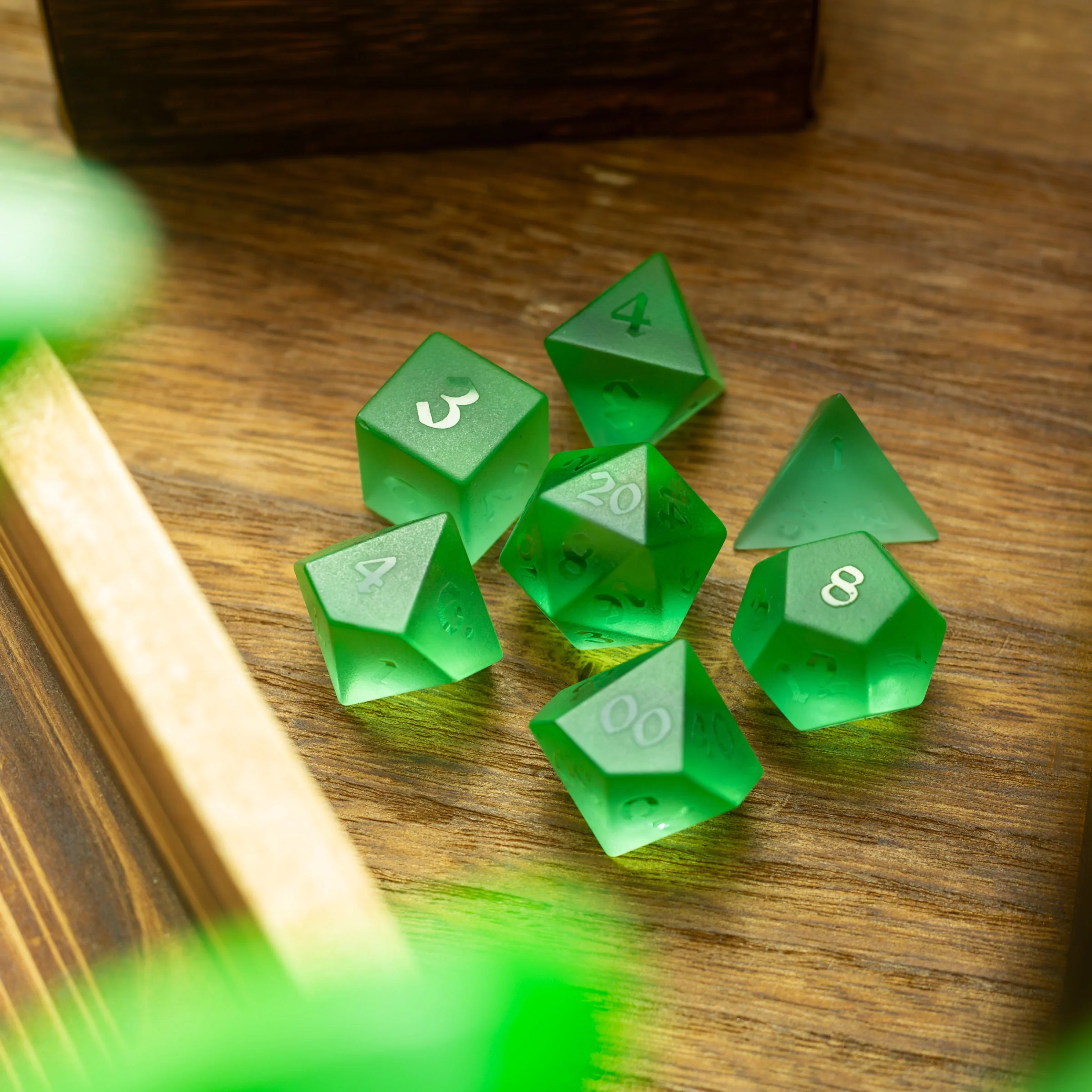 Green Raised Zircon Glass Hand Carved DND Dice Set