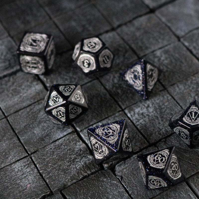Mage Fury Blue Sandstone Silver Font Gemstone DND Dice Set