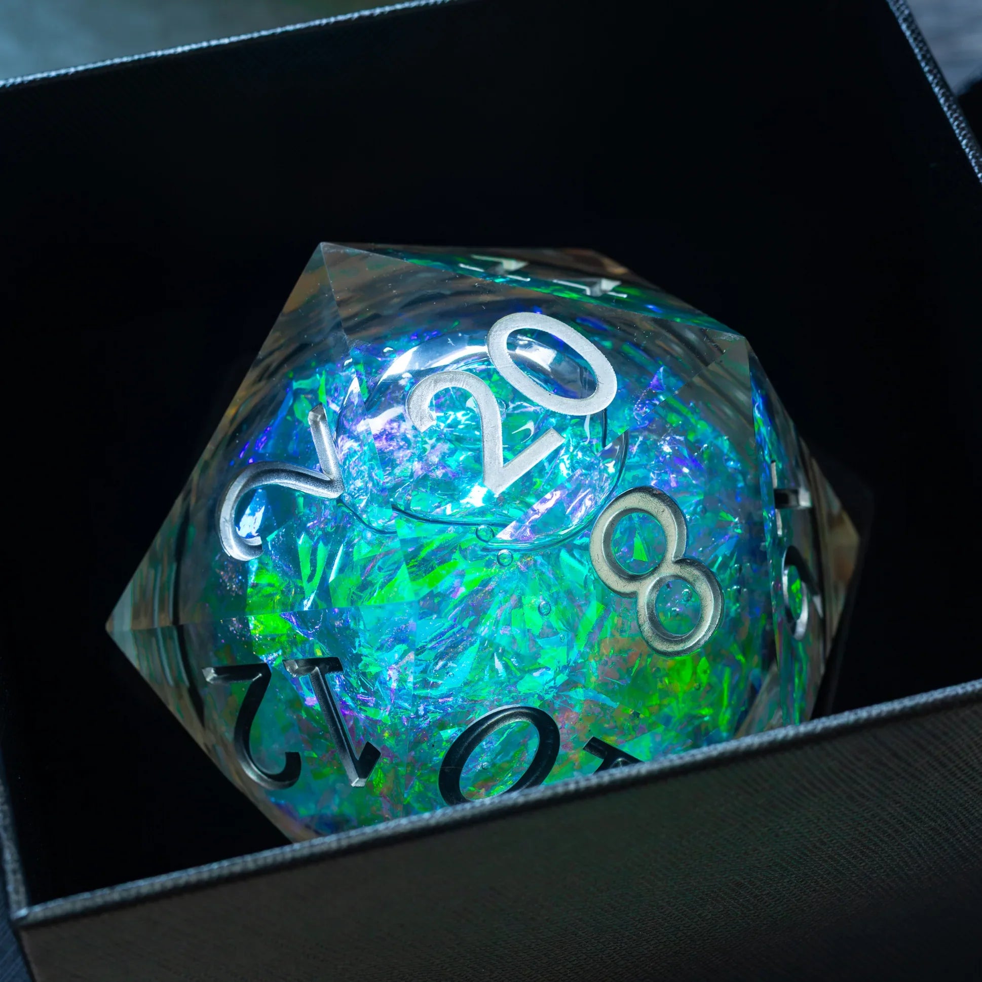Massive Silver And Foil Liquid Core 95MM Chonk Handmade Resin Dice And Box