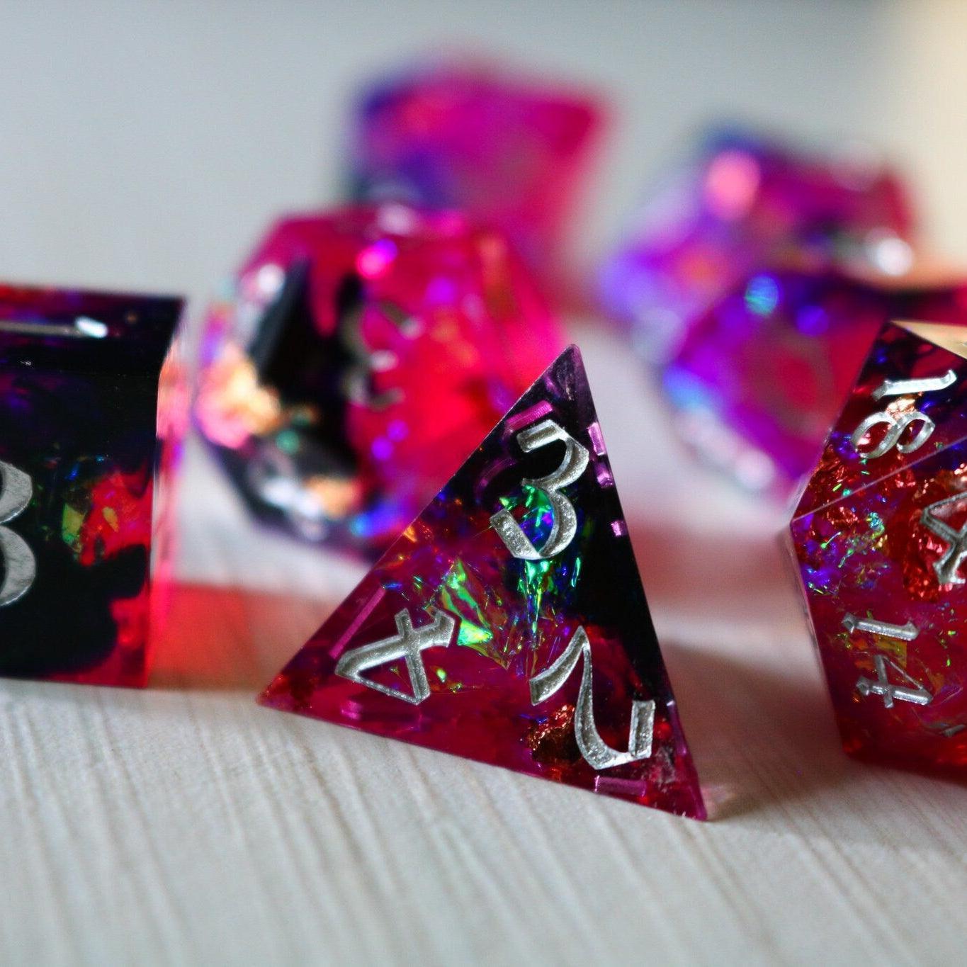 Pink/Silver Handmade Sharp Edge Resin DND Dice Set