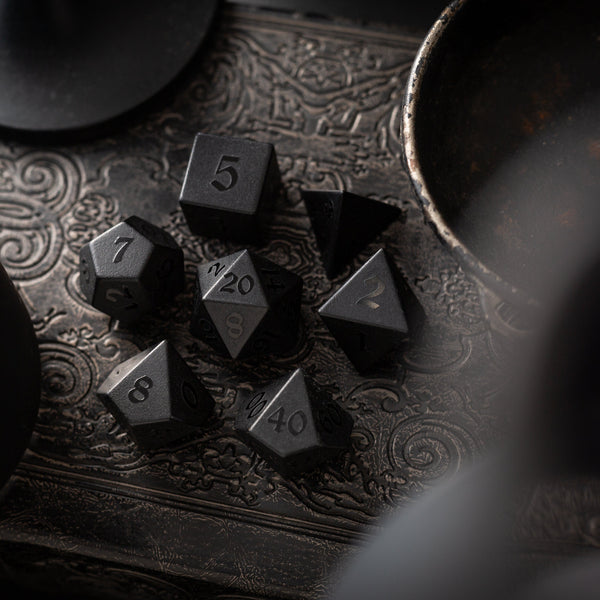 Gemstone Black Night Raised Obsidian Hand Carved Polyhedral Dice DND Set
