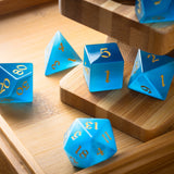 Hand Carved Gemstone Light Blue Cats Eye Stone (And Box) Polyhedral Dice DND Set