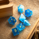 Hand Carved Gemstone Light Blue Cats Eye Stone (And Box) Polyhedral Dice DND Set