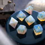 Gemstone Opalite (Gold Font) Hand Carved Polyhedral Dice (And Box) DnD Dice Set