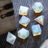 Gemstone Opalite (Gold Font) Hand Carved Polyhedral Dice (And Box) DnD Dice Set
