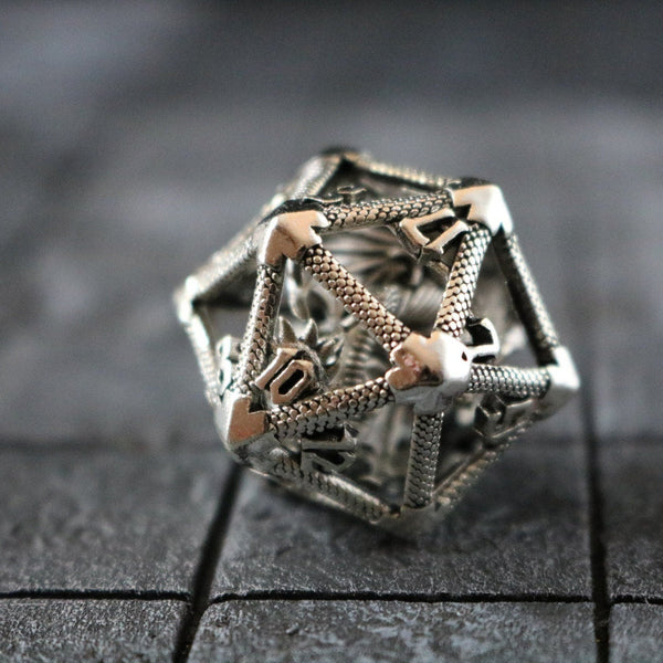Large Caged Dragon D20 DND Silver Tabletop Gaming Dice