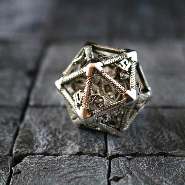 Large Caged Dragon D20 DND Silver Tabletop Gaming Dice