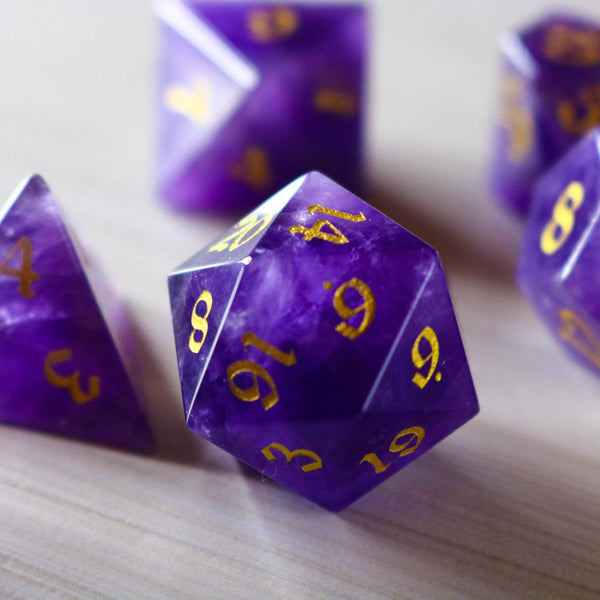 Purple Gemstone Amethyst Dice (With Box) Hand Carved Polyhedral Dice DND Set - Gift For Dnd, RPG Game