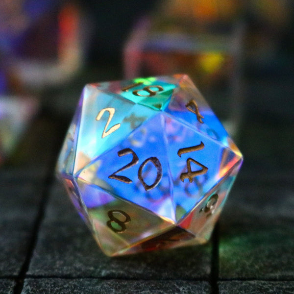 Hand Carved Gemstone Dichroic Glass Polyhedral Dice (With Box) DnD Dice Set - RPG Game DND MTG Game